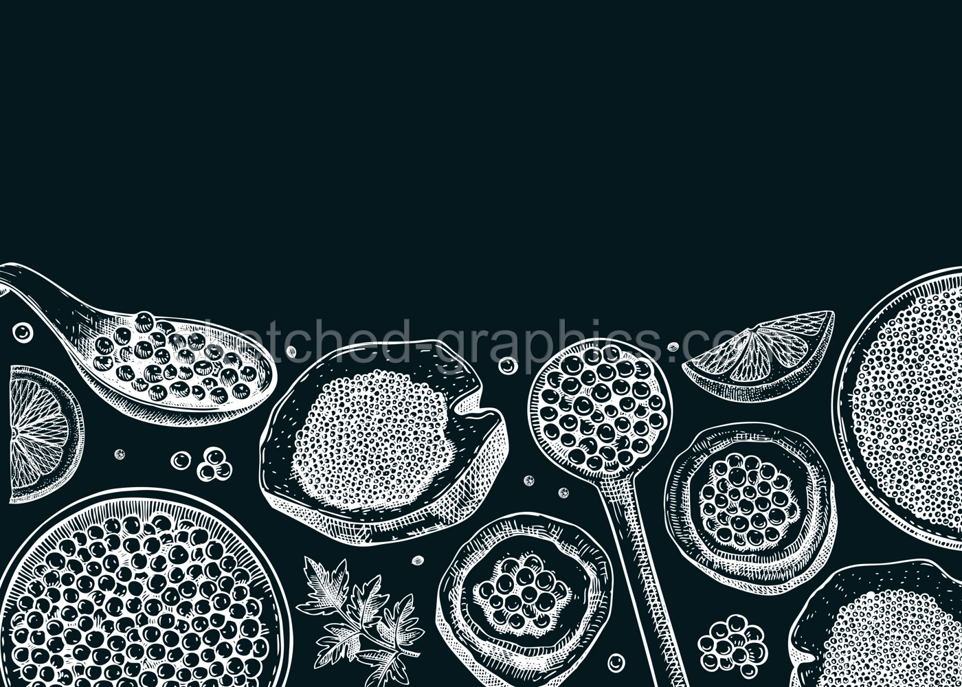 Seafood background design with red caviar canape, canned black caviar, lemons on chalkboard. Sea delicacy banner template for restaurant menu or finger food party. Canned fish hand drawn illustration Illustration